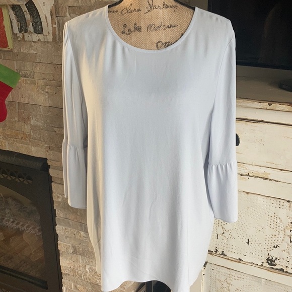 Eileen Fisher Tops - Eileen Fisher 100% silk light blue gray bell ruffle 3/4 sleeve keyhole blouse